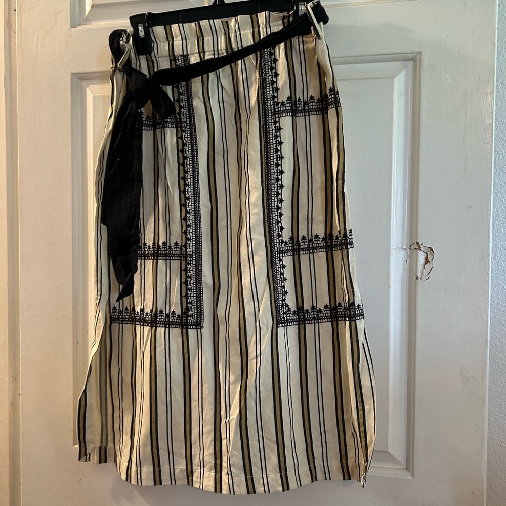 Zara Black & Cream Striped Midi Skirt with Embroidered Panels